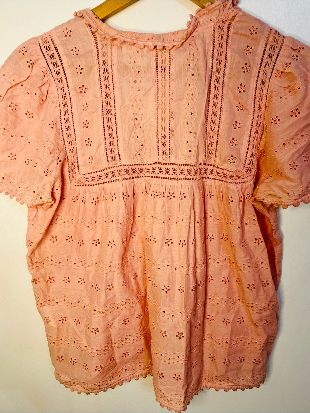 Soft Pink Eyelet Peasant Blouse with Tassel Tie - Picture 7 of 9